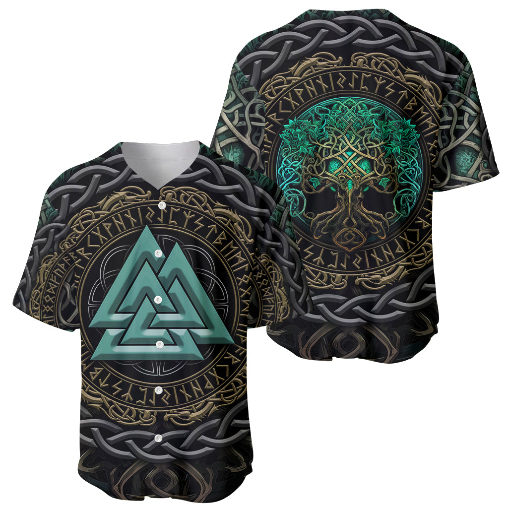Viking Baseball Jersey Cyan Valknut and Yggdrasil - Wonder Print Shop