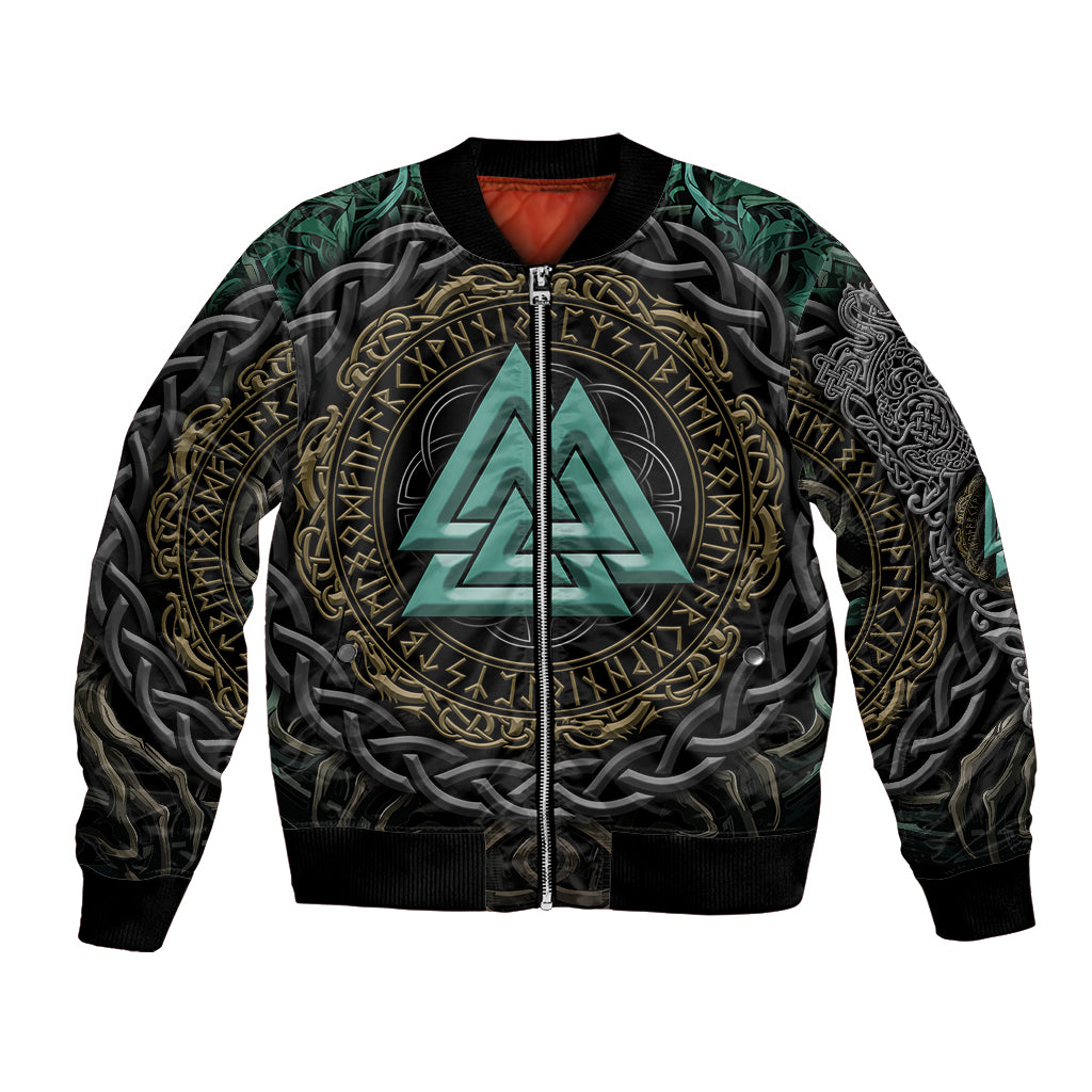 Viking Bomber Jacket Cyan Valknut and Yggdrasil - Wonder Print Shop