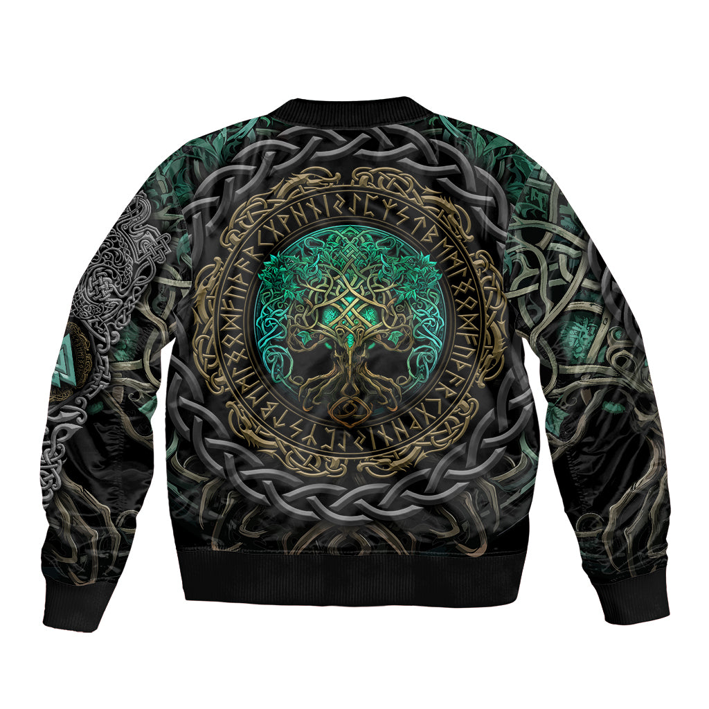 Viking Bomber Jacket Cyan Valknut and Yggdrasil - Wonder Print Shop