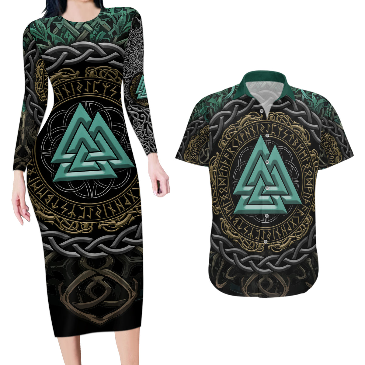 Viking Couples Matching Long Sleeve Bodycon Dress and Hawaiian Shirt Cyan Valknut and Yggdrasil - Wonder Print Shop