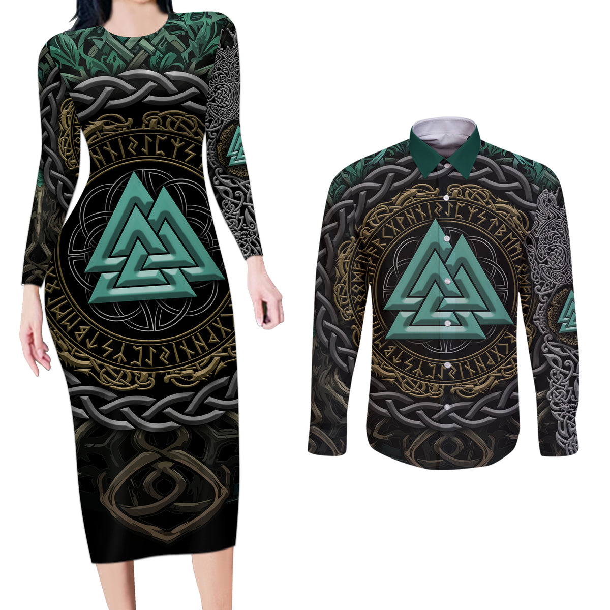 Viking Couples Matching Long Sleeve Bodycon Dress and Long Sleeve Button Shirts Cyan Valknut and Yggdrasil - Wonder Print Shop