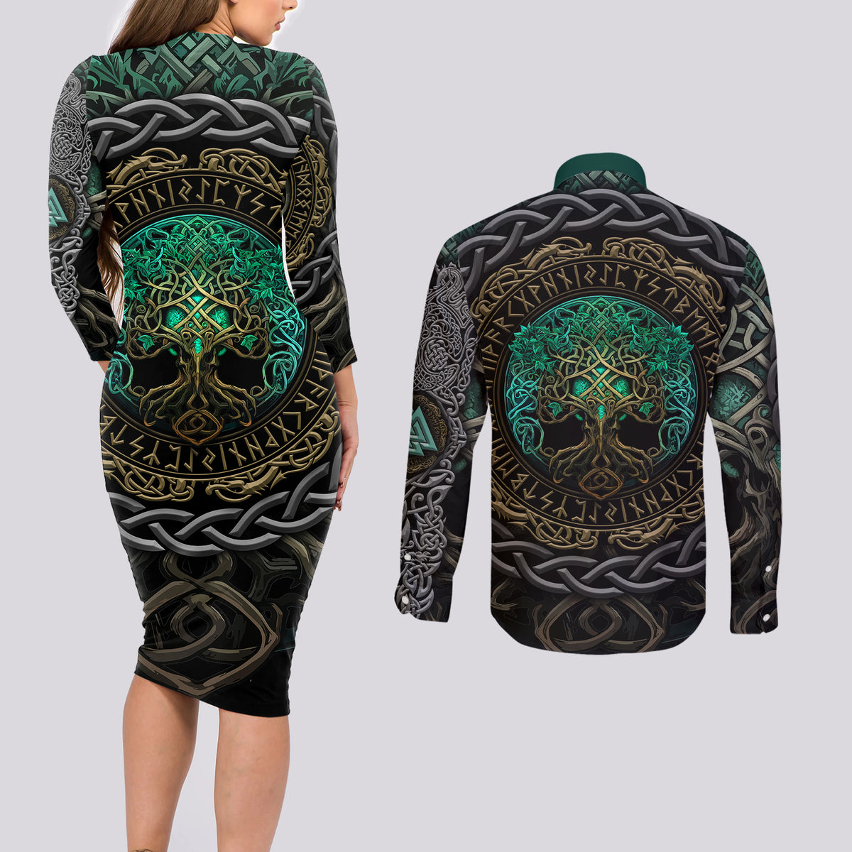 Viking Couples Matching Long Sleeve Bodycon Dress and Long Sleeve Button Shirts Cyan Valknut and Yggdrasil - Wonder Print Shop