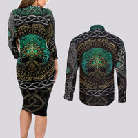 Viking Couples Matching Long Sleeve Bodycon Dress and Long Sleeve Button Shirts Cyan Valknut and Yggdrasil - Wonder Print Shop
