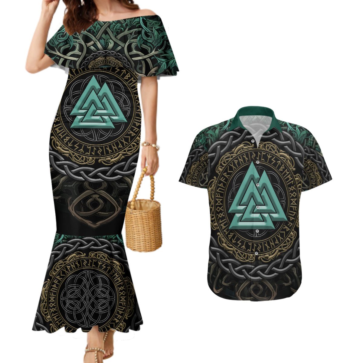 Viking Couples Matching Mermaid Dress and Hawaiian Shirt Cyan Valknut and Yggdrasil - Wonder Print Shop