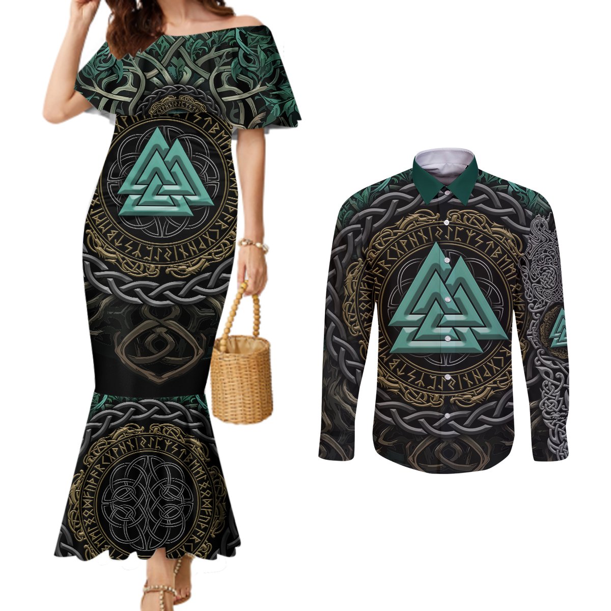 viking-couples-matching-mermaid-dress-and-long-sleeve-button-shirts-cyan-valknut-and-yggdrasil