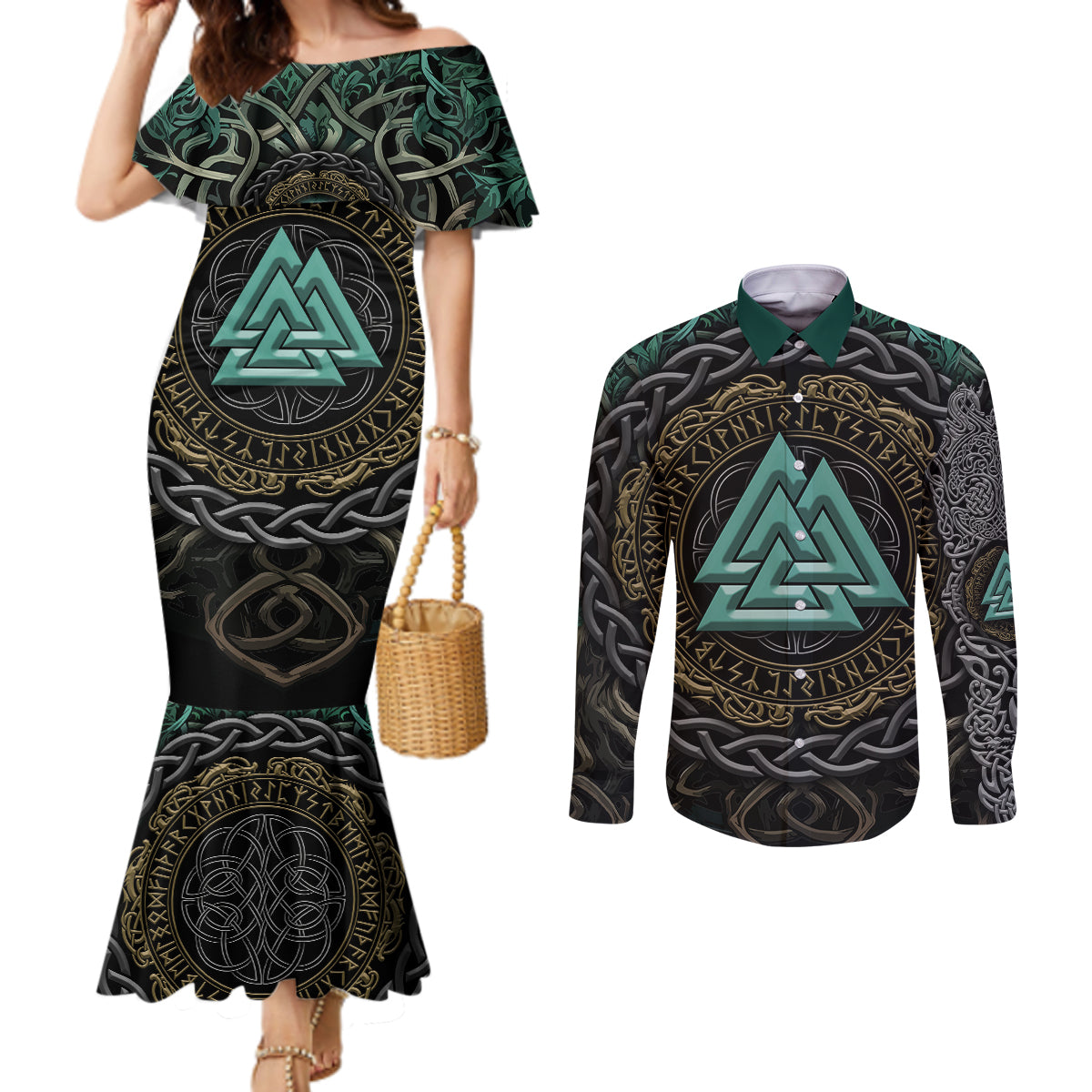 viking-couples-matching-mermaid-dress-and-long-sleeve-button-shirts-cyan-valknut-and-yggdrasil
