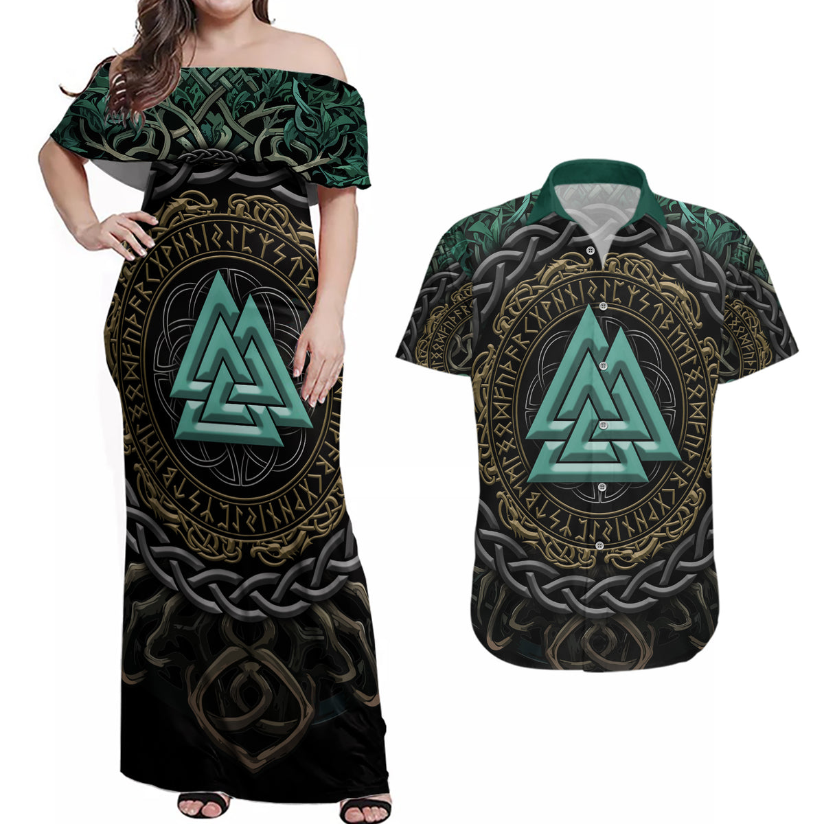 Viking Couples Matching Off Shoulder Maxi Dress and Hawaiian Shirt Cyan Valknut and Yggdrasil - Wonder Print Shop
