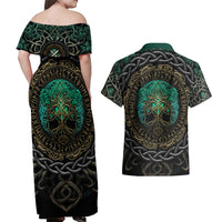 Viking Couples Matching Off Shoulder Maxi Dress and Hawaiian Shirt Cyan Valknut and Yggdrasil - Wonder Print Shop