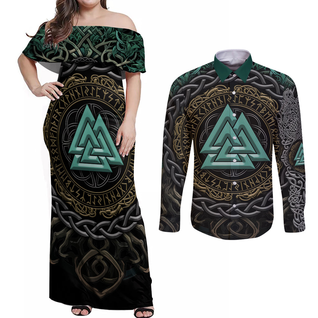 Viking Couples Matching Off Shoulder Maxi Dress and Long Sleeve Button Shirts Cyan Valknut and Yggdrasil - Wonder Print Shop