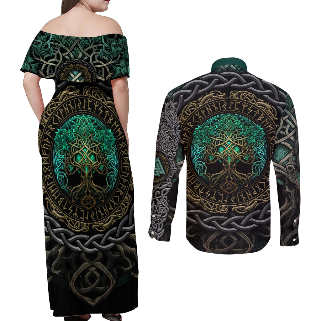 Viking Couples Matching Off Shoulder Maxi Dress and Long Sleeve Button Shirts Cyan Valknut and Yggdrasil - Wonder Print Shop