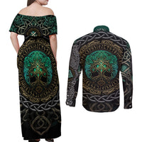 Viking Couples Matching Off Shoulder Maxi Dress and Long Sleeve Button Shirts Cyan Valknut and Yggdrasil - Wonder Print Shop