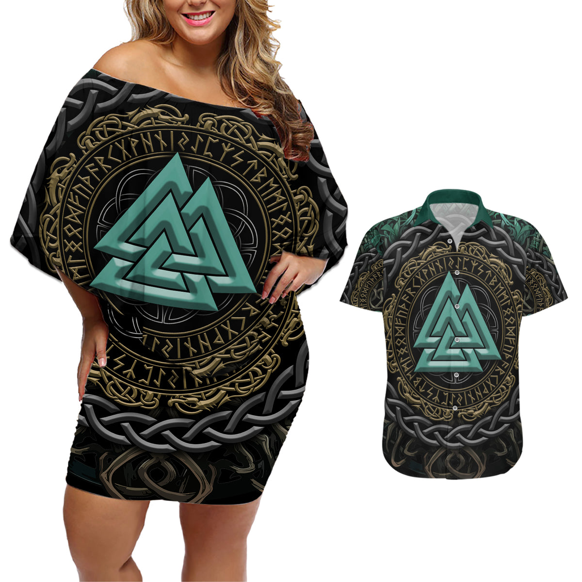 Viking Couples Matching Off Shoulder Short Dress and Hawaiian Shirt Cyan Valknut and Yggdrasil - Wonder Print Shop