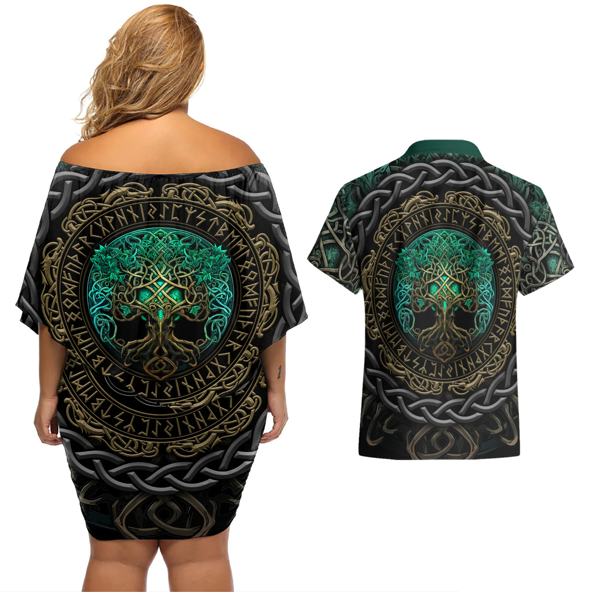 Viking Couples Matching Off Shoulder Short Dress and Hawaiian Shirt Cyan Valknut and Yggdrasil - Wonder Print Shop