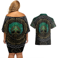 Viking Couples Matching Off Shoulder Short Dress and Hawaiian Shirt Cyan Valknut and Yggdrasil - Wonder Print Shop