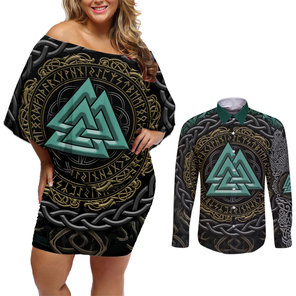 Viking Couples Matching Off Shoulder Short Dress and Long Sleeve Button Shirts Cyan Valknut and Yggdrasil - Wonder Print Shop