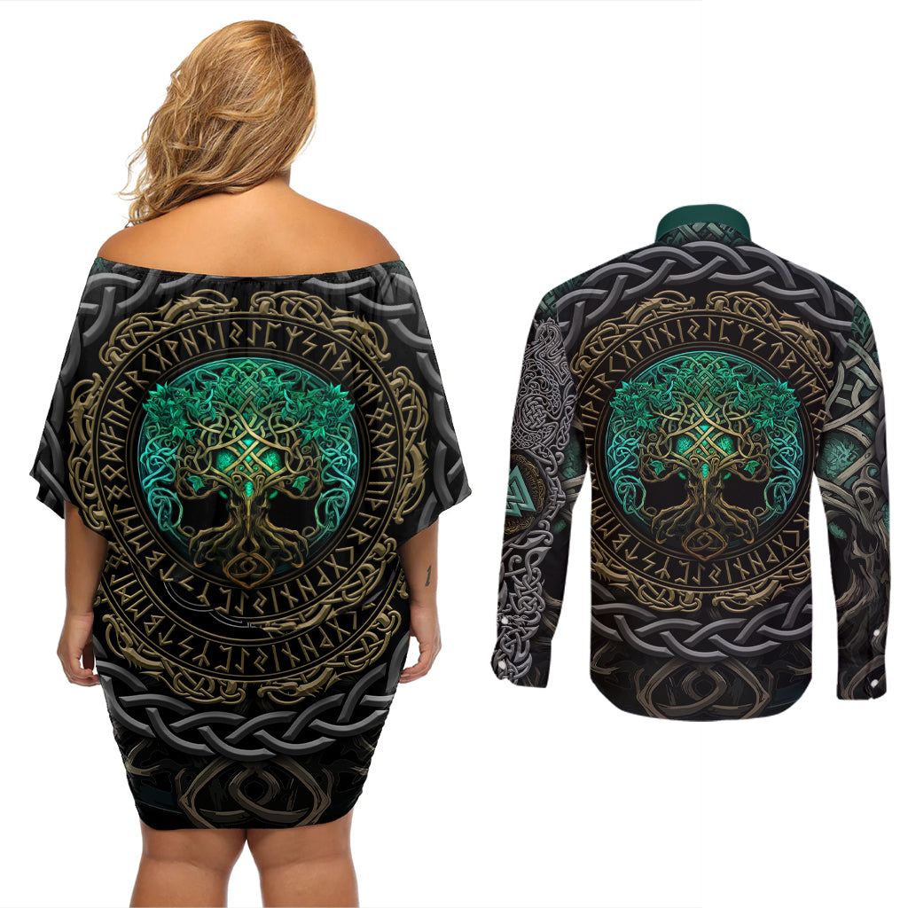 Viking Couples Matching Off Shoulder Short Dress and Long Sleeve Button Shirts Cyan Valknut and Yggdrasil - Wonder Print Shop
