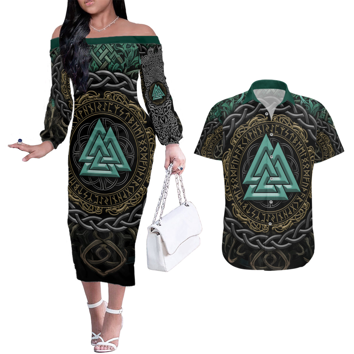 Viking Couples Matching Off The Shoulder Long Sleeve Dress and Hawaiian Shirt Cyan Valknut and Yggdrasil - Wonder Print Shop