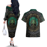 Viking Couples Matching Off The Shoulder Long Sleeve Dress and Hawaiian Shirt Cyan Valknut and Yggdrasil - Wonder Print Shop