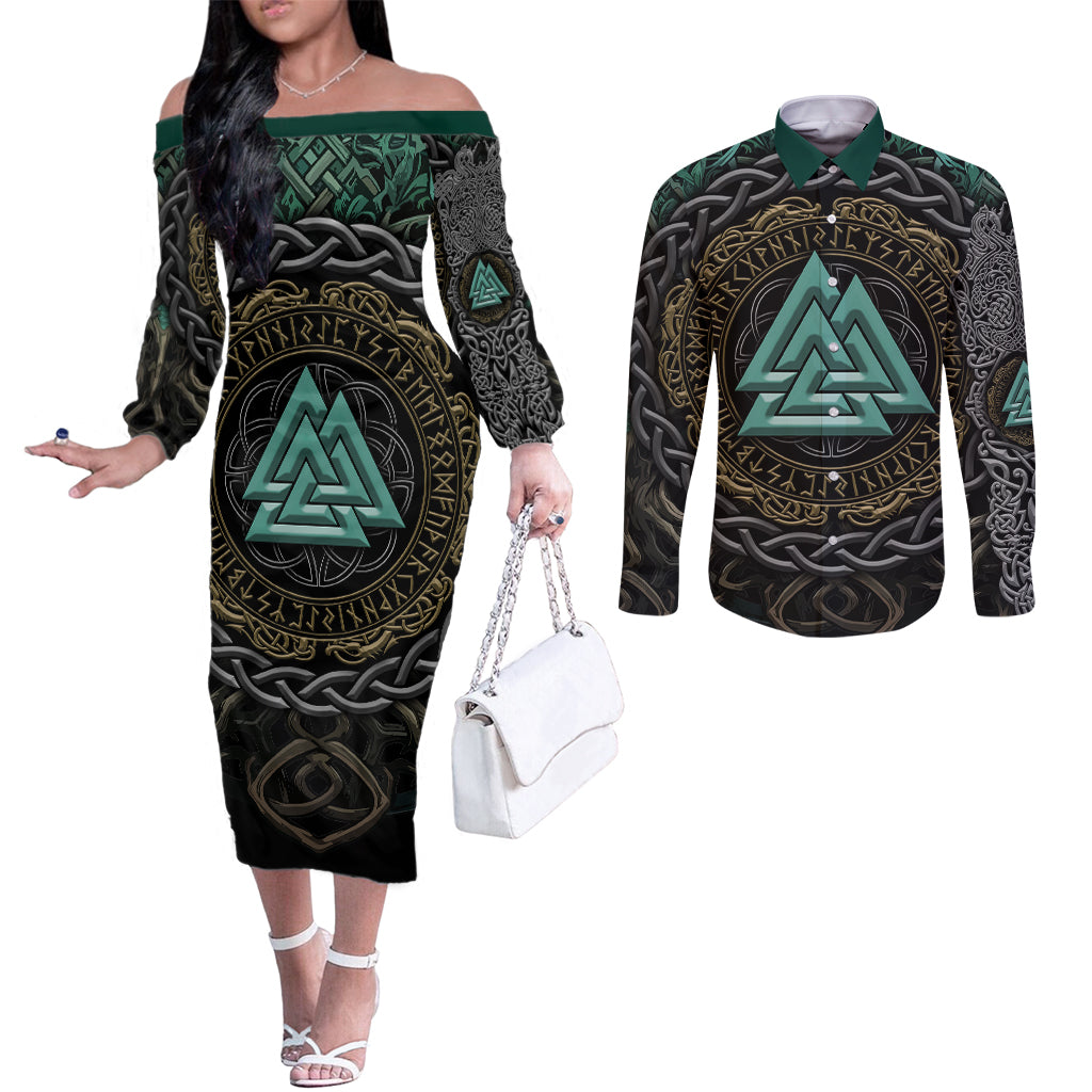 viking-couples-matching-off-the-shoulder-long-sleeve-dress-and-long-sleeve-button-shirts-cyan-valknut-and-yggdrasil