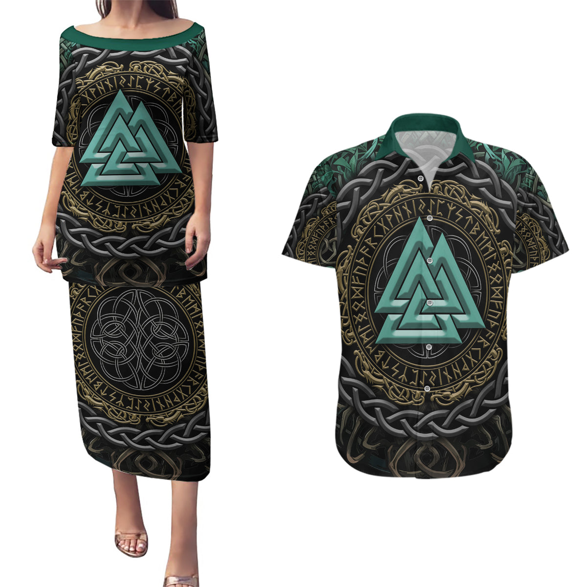 Viking Couples Matching Puletasi Dress and Hawaiian Shirt Cyan Valknut and Yggdrasil - Wonder Print Shop