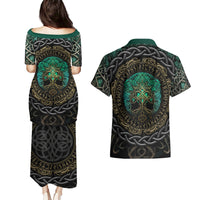 Viking Couples Matching Puletasi Dress and Hawaiian Shirt Cyan Valknut and Yggdrasil - Wonder Print Shop