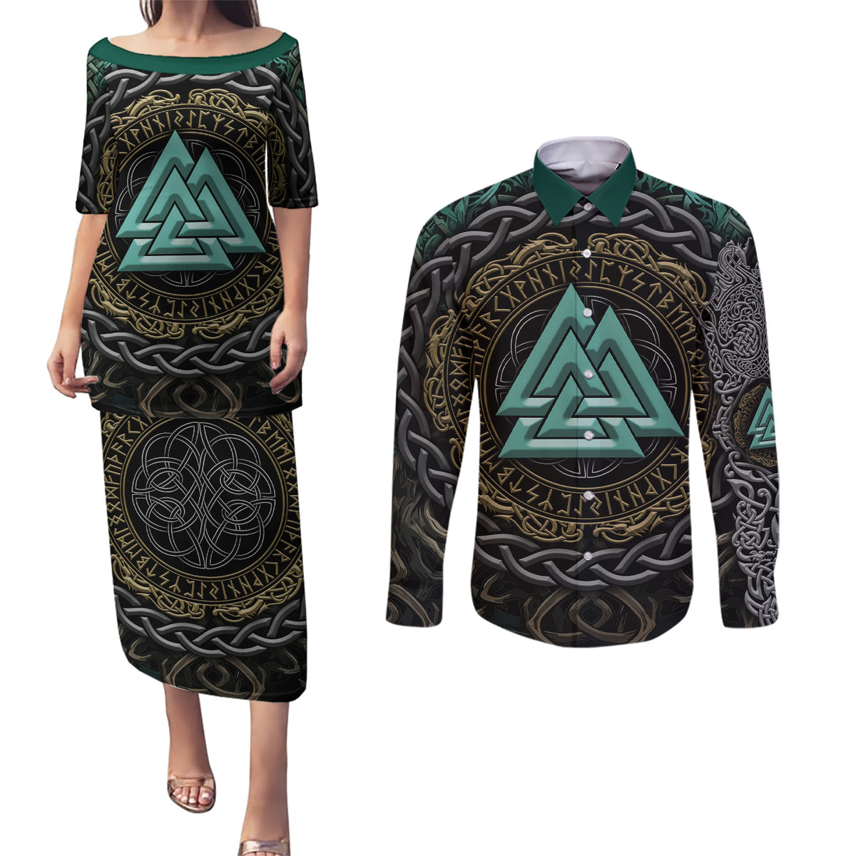 Viking Couples Matching Puletasi Dress and Long Sleeve Button Shirts Cyan Valknut and Yggdrasil - Wonder Print Shop