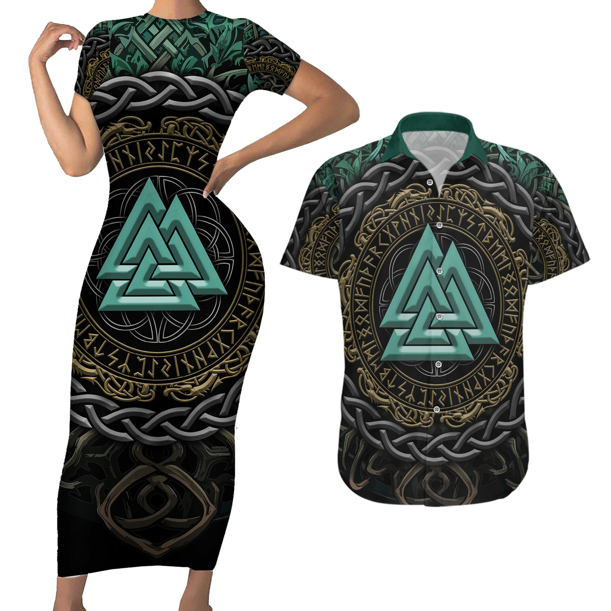 Viking Couples Matching Short Sleeve Bodycon Dress and Hawaiian Shirt Cyan Valknut and Yggdrasil - Wonder Print Shop