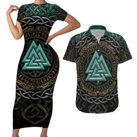 Viking Couples Matching Short Sleeve Bodycon Dress and Hawaiian Shirt Cyan Valknut and Yggdrasil - Wonder Print Shop