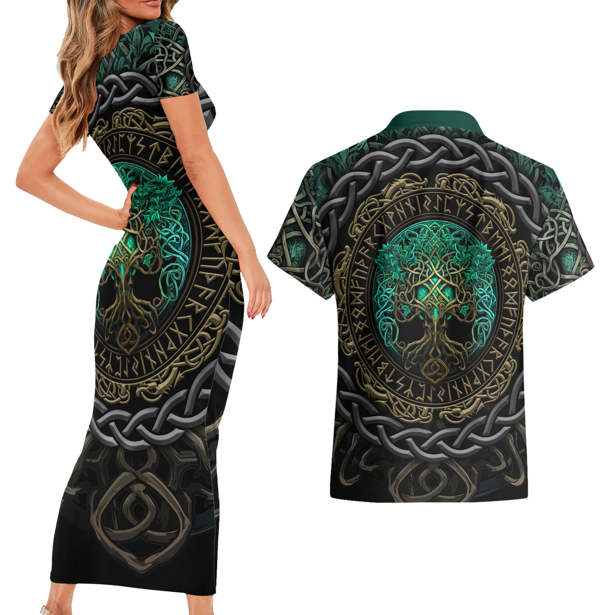 Viking Couples Matching Short Sleeve Bodycon Dress and Hawaiian Shirt Cyan Valknut and Yggdrasil - Wonder Print Shop