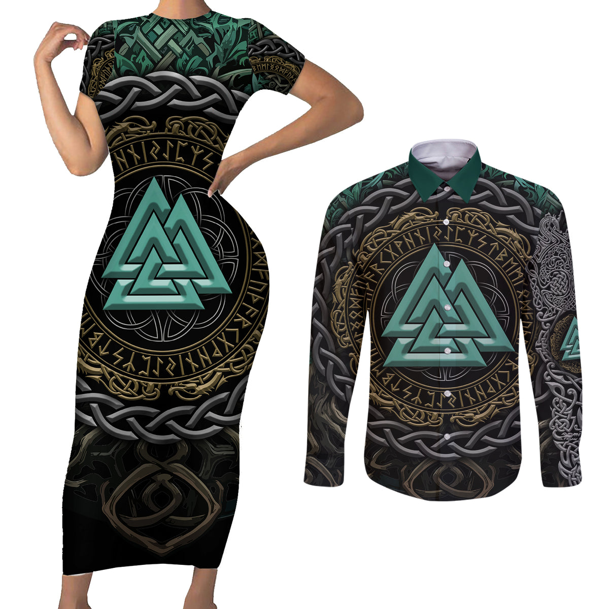 Viking Couples Matching Short Sleeve Bodycon Dress and Long Sleeve Button Shirts Cyan Valknut and Yggdrasil - Wonder Print Shop