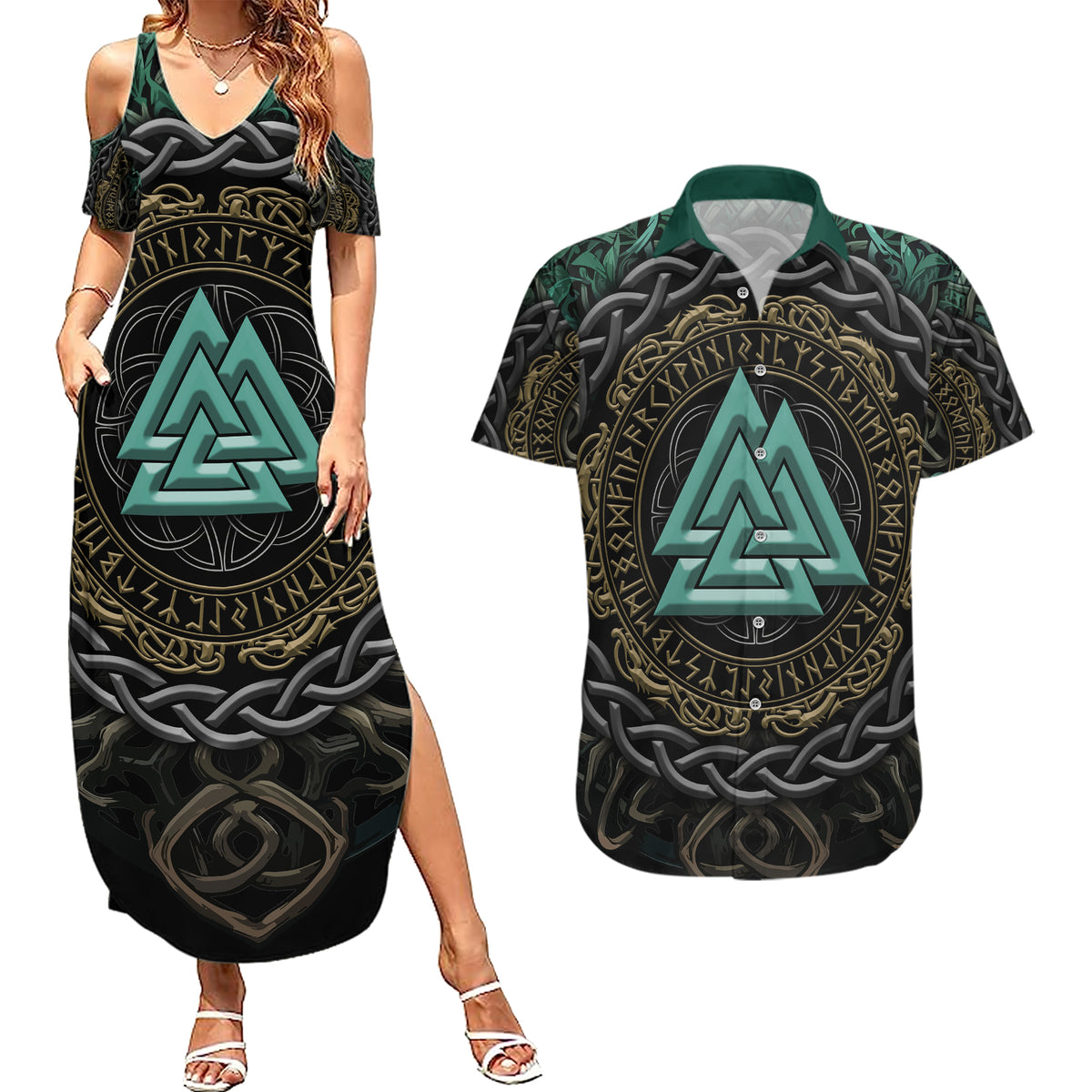 Viking Couples Matching Summer Maxi Dress and Hawaiian Shirt Cyan Valknut and Yggdrasil - Wonder Print Shop