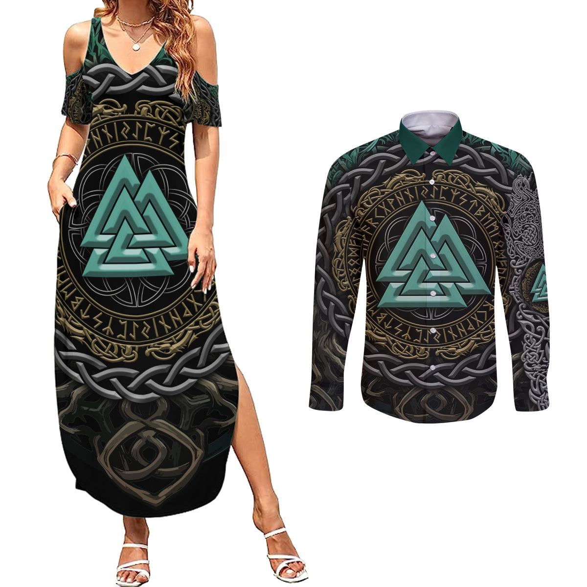 Viking Couples Matching Summer Maxi Dress and Long Sleeve Button Shirts Cyan Valknut and Yggdrasil - Wonder Print Shop