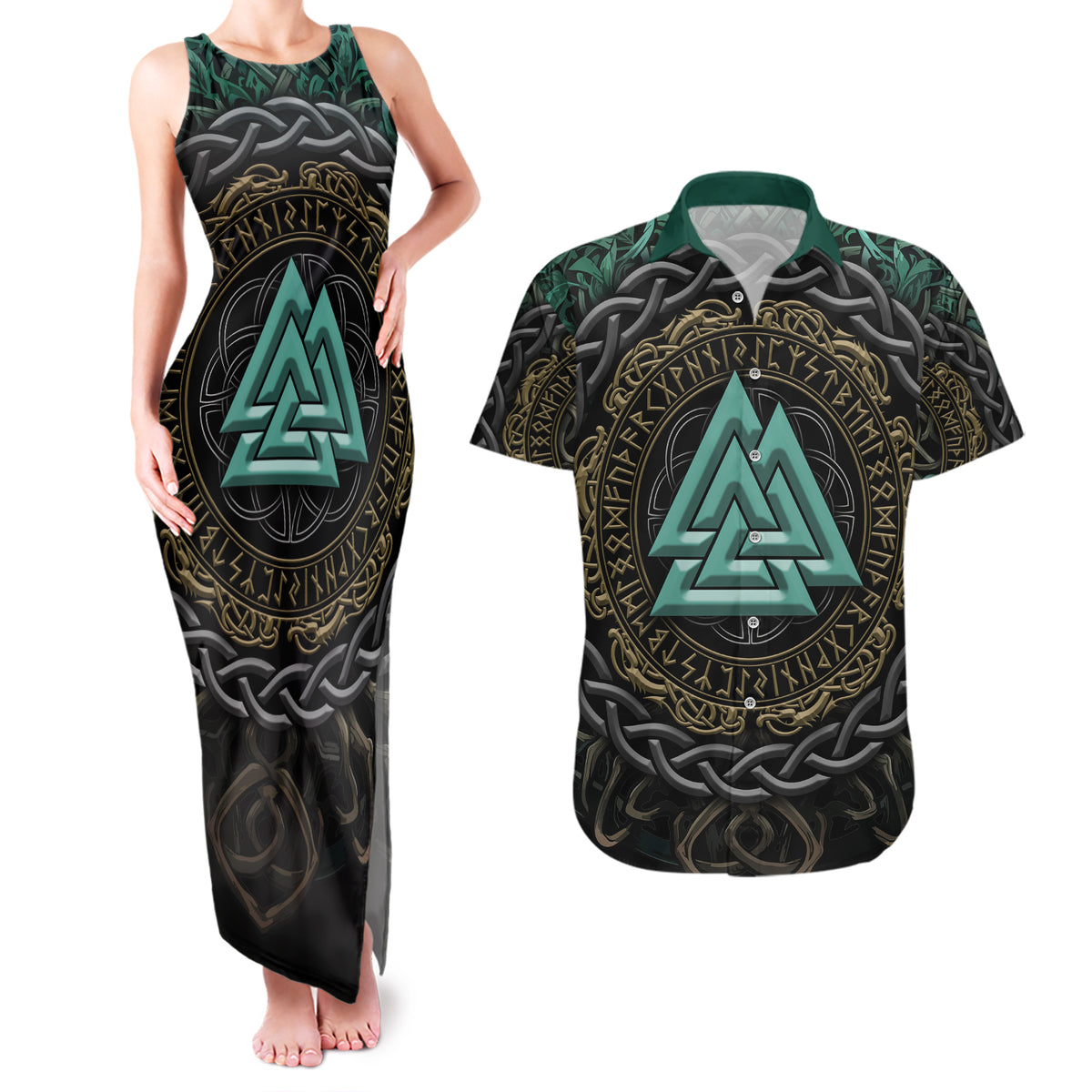 Viking Couples Matching Tank Maxi Dress and Hawaiian Shirt Cyan Valknut and Yggdrasil - Wonder Print Shop