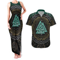 Viking Couples Matching Tank Maxi Dress and Hawaiian Shirt Cyan Valknut and Yggdrasil - Wonder Print Shop