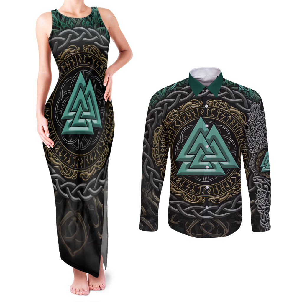 Viking Couples Matching Tank Maxi Dress and Long Sleeve Button Shirts Cyan Valknut and Yggdrasil - Wonder Print Shop