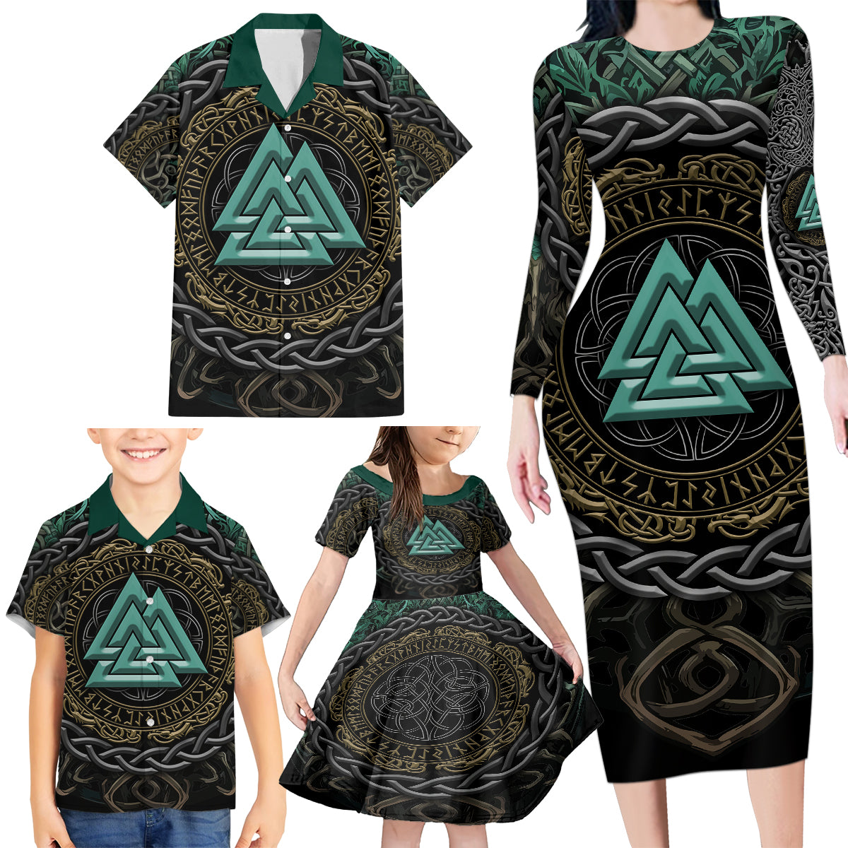 Viking Family Matching Long Sleeve Bodycon Dress and Hawaiian Shirt Cyan Valknut and Yggdrasil - Wonder Print Shop