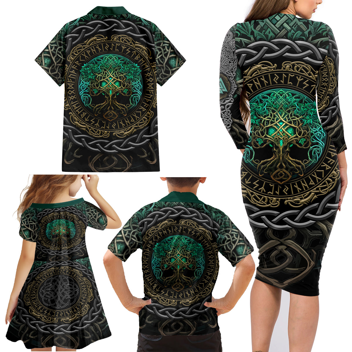 Viking Family Matching Long Sleeve Bodycon Dress and Hawaiian Shirt Cyan Valknut and Yggdrasil - Wonder Print Shop