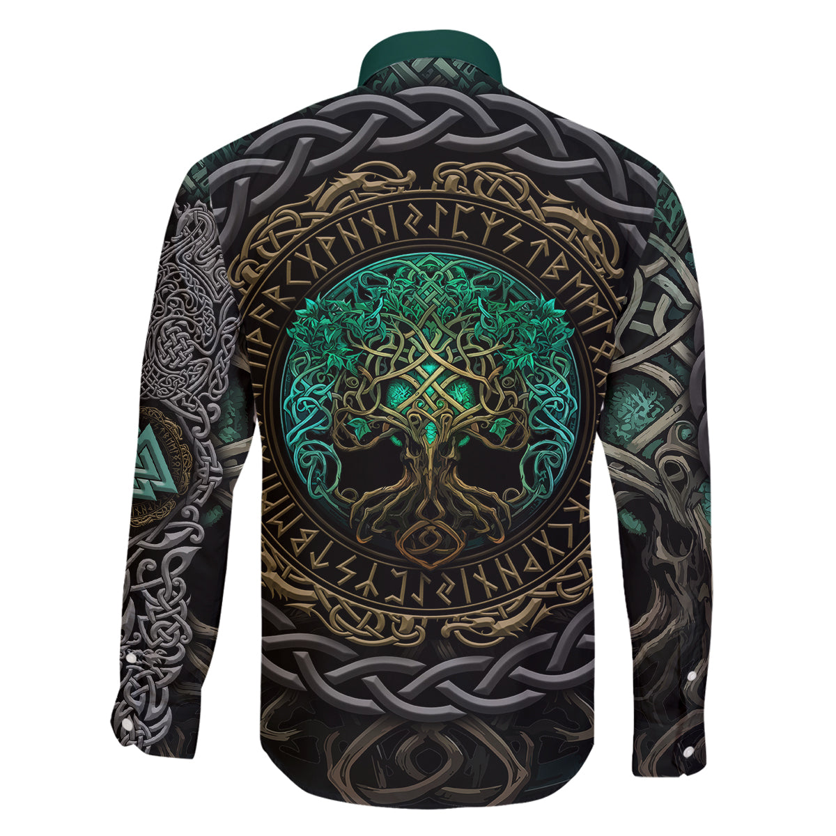 Viking Family Matching Long Sleeve Bodycon Dress and Hawaiian Shirt Cyan Valknut and Yggdrasil - Wonder Print Shop