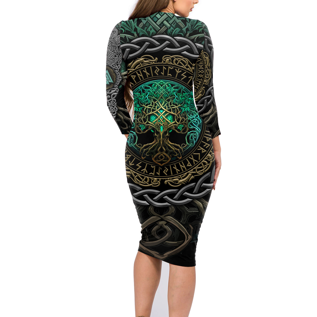 Viking Family Matching Long Sleeve Bodycon Dress and Hawaiian Shirt Cyan Valknut and Yggdrasil - Wonder Print Shop