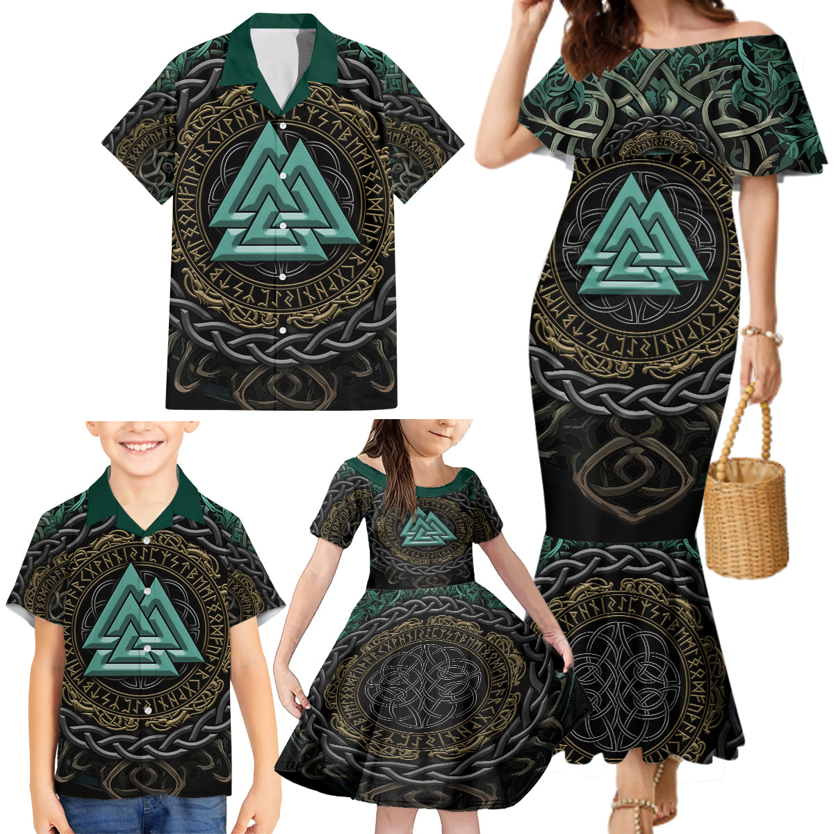 Viking Family Matching Mermaid Dress and Hawaiian Shirt Cyan Valknut and Yggdrasil - Wonder Print Shop