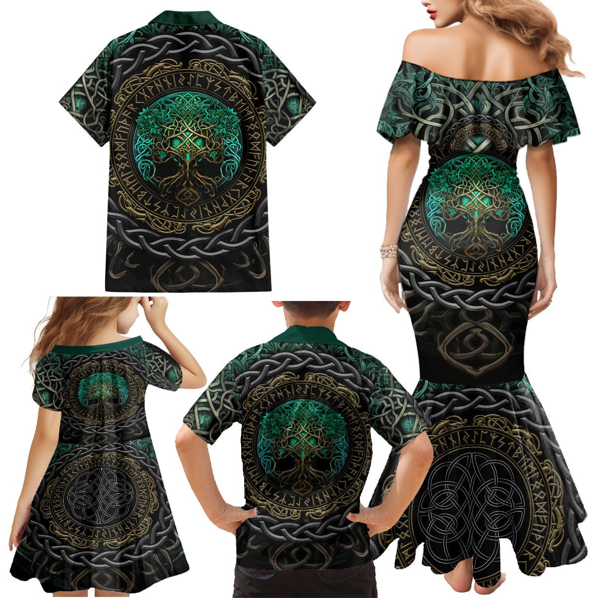 Viking Family Matching Mermaid Dress and Hawaiian Shirt Cyan Valknut and Yggdrasil - Wonder Print Shop