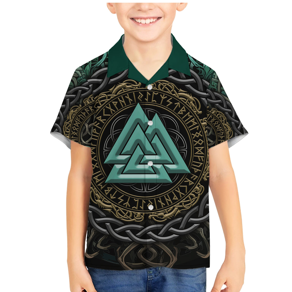 Viking Family Matching Mermaid Dress and Hawaiian Shirt Cyan Valknut and Yggdrasil - Wonder Print Shop