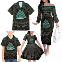 Viking Family Matching Off Shoulder Long Sleeve Dress and Hawaiian Shirt Cyan Valknut and Yggdrasil - Wonder Print Shop