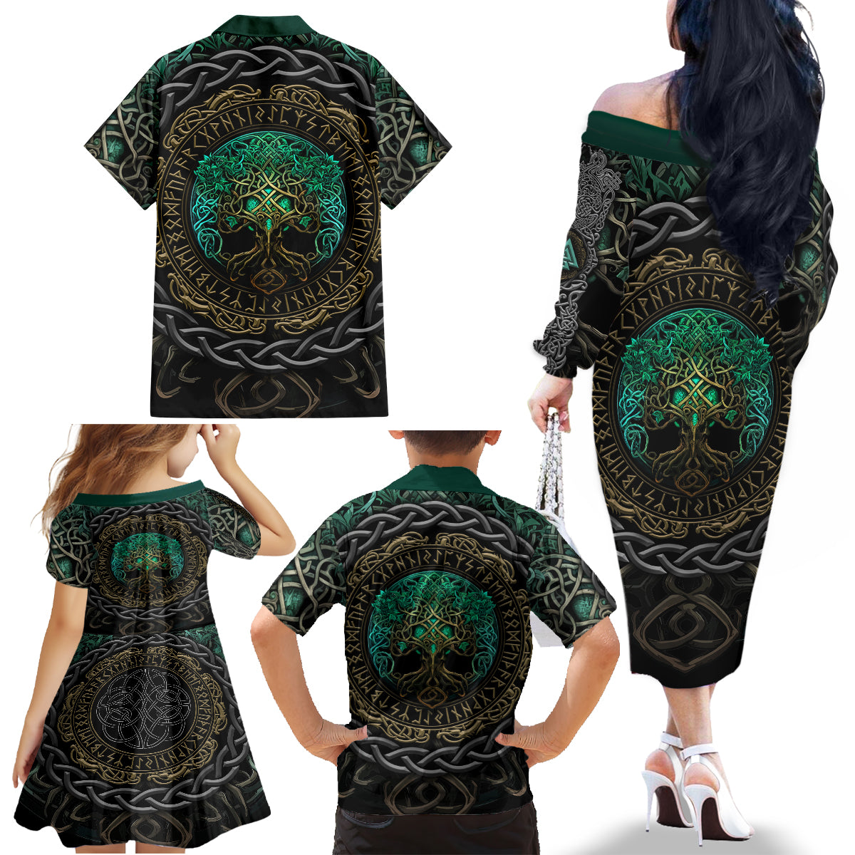 Viking Family Matching Off Shoulder Long Sleeve Dress and Hawaiian Shirt Cyan Valknut and Yggdrasil - Wonder Print Shop
