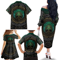 Viking Family Matching Off Shoulder Long Sleeve Dress and Hawaiian Shirt Cyan Valknut and Yggdrasil - Wonder Print Shop