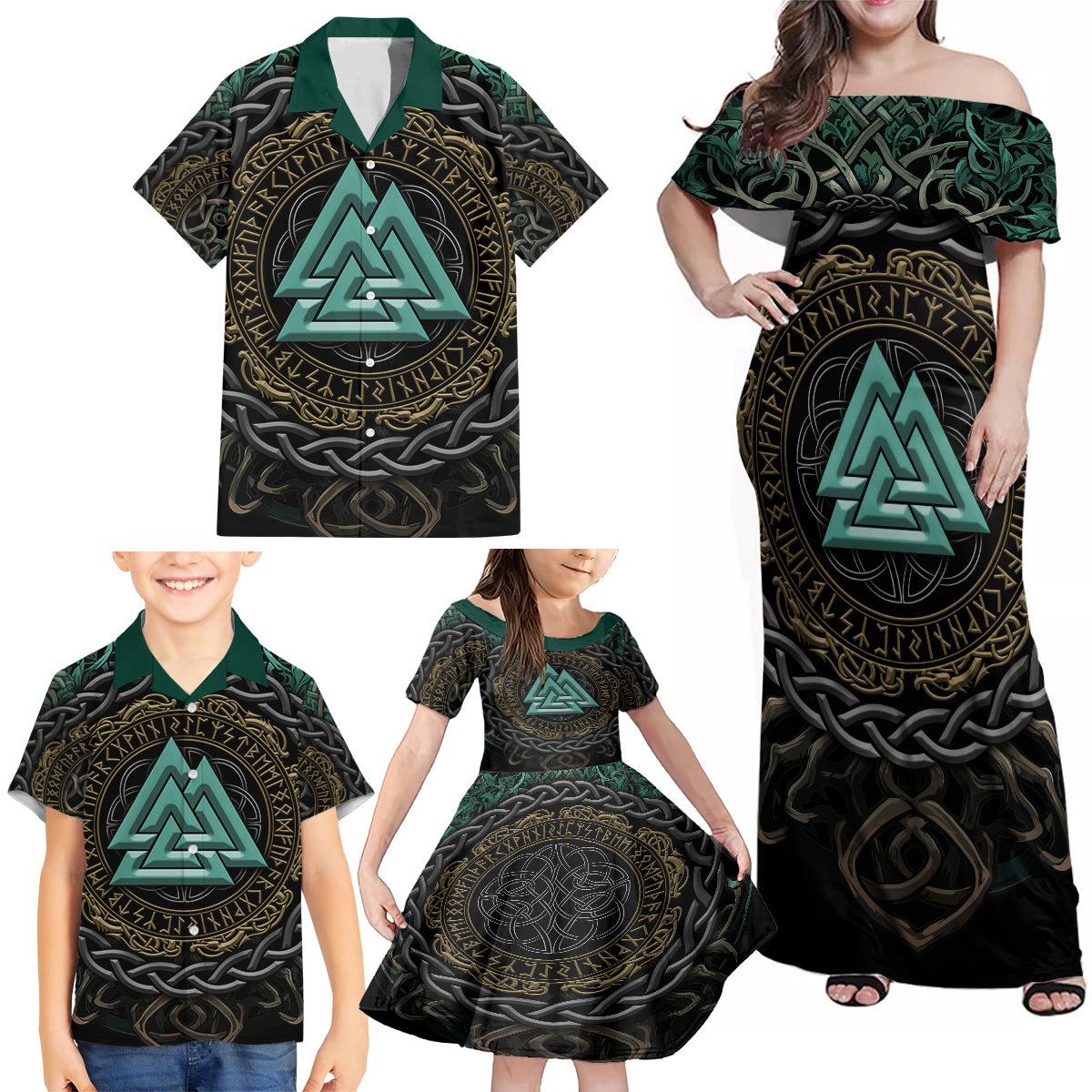 Viking Family Matching Off Shoulder Maxi Dress and Hawaiian Shirt Cyan Valknut and Yggdrasil - Wonder Print Shop
