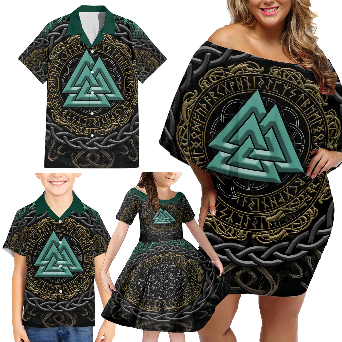 Viking Family Matching Off Shoulder Short Dress and Hawaiian Shirt Cyan Valknut and Yggdrasil - Wonder Print Shop