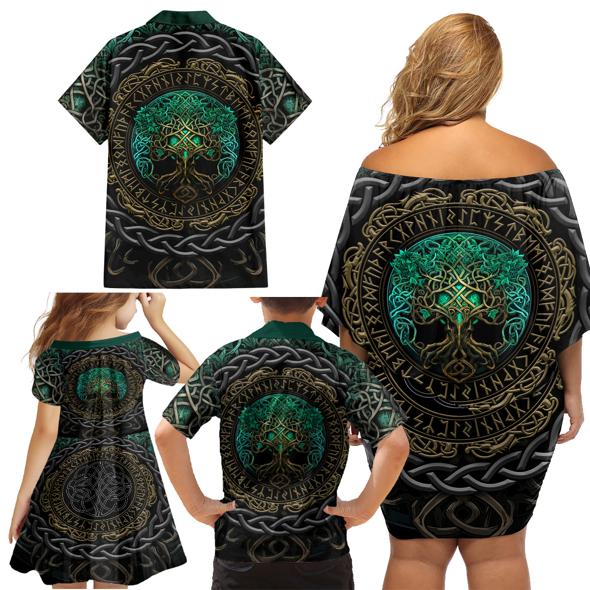 Viking Family Matching Off Shoulder Short Dress and Hawaiian Shirt Cyan Valknut and Yggdrasil - Wonder Print Shop