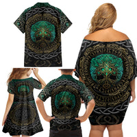 Viking Family Matching Off Shoulder Short Dress and Hawaiian Shirt Cyan Valknut and Yggdrasil - Wonder Print Shop