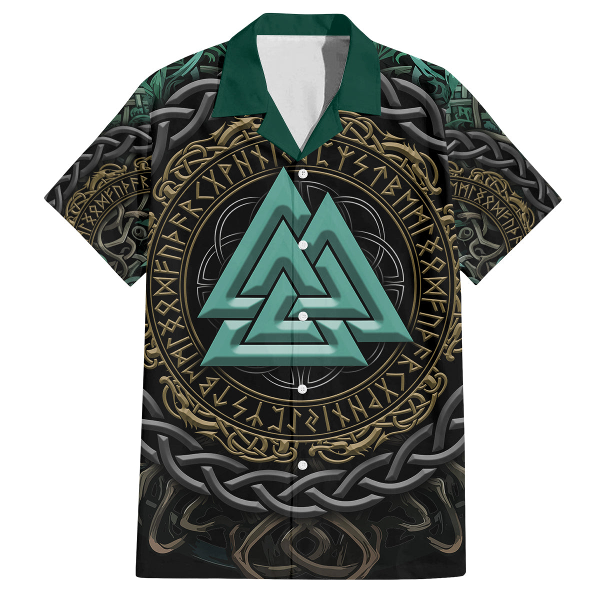 Viking Family Matching Off Shoulder Short Dress and Hawaiian Shirt Cyan Valknut and Yggdrasil - Wonder Print Shop